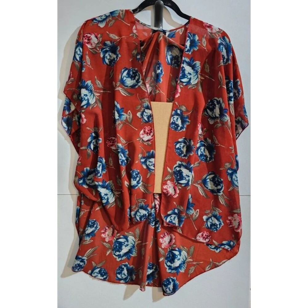 Rue21 Rust Red Floral Sheer Open Front Kimono Cardigan S